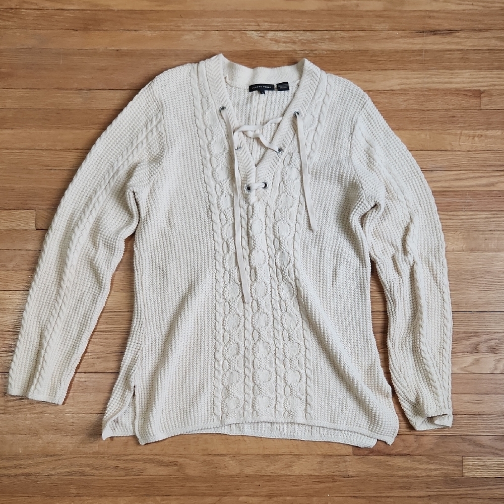 Cream Knit Sweater with Lace-Up Neckline